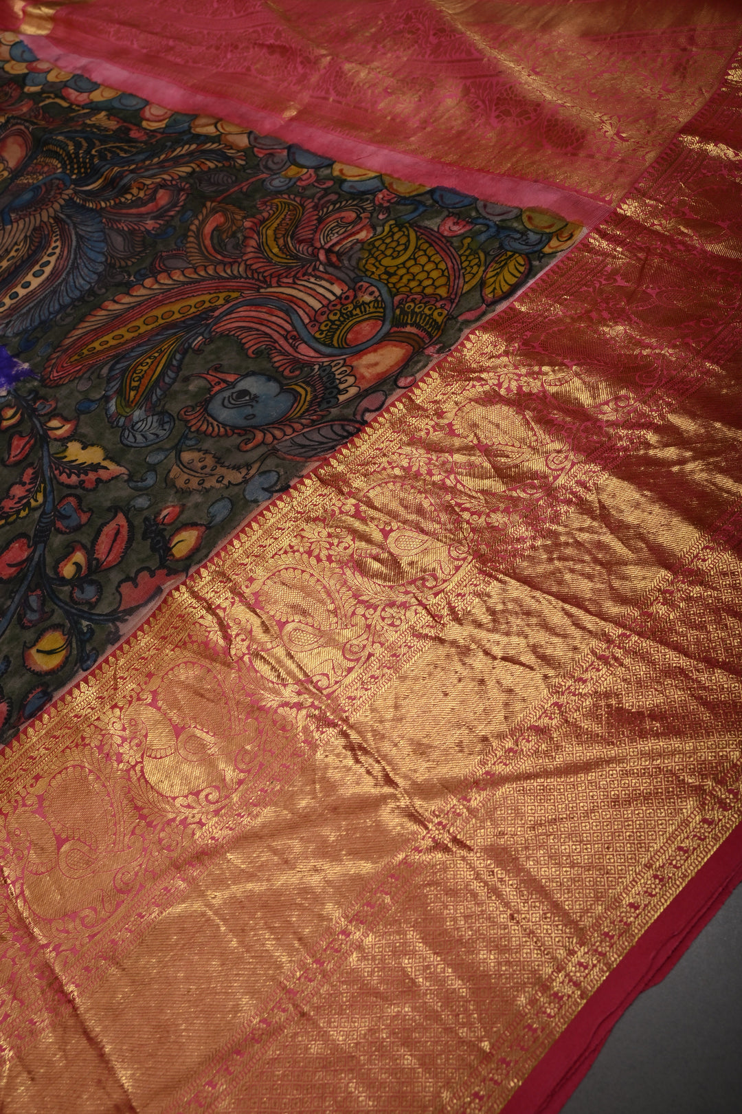 Purple Bandhni Design on Pure Kanjivaram Silk Jugalbandi Saree with Pen Kalamkari Panel and Contrast Wide Kanchi Zari Border | SILK MARK CERTIFIED | SHOBITAM
