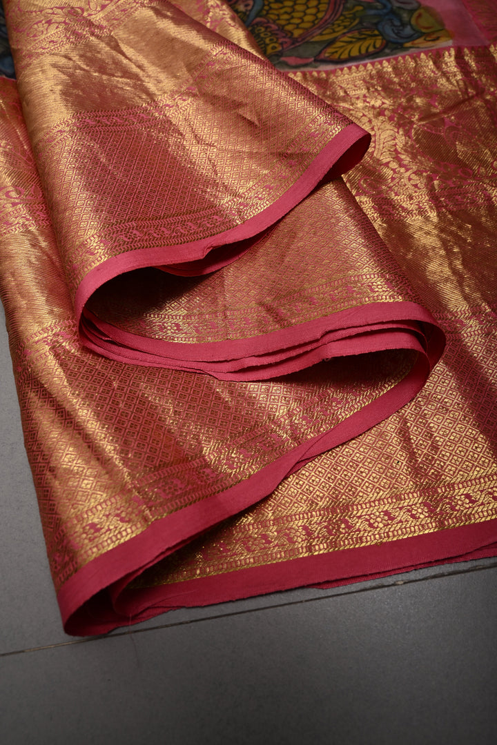Purple Bandhni Design on Pure Kanjivaram Silk Jugalbandi Saree with Pen Kalamkari Panel and Contrast Wide Kanchi Zari Border | SILK MARK CERTIFIED | SHOBITAM