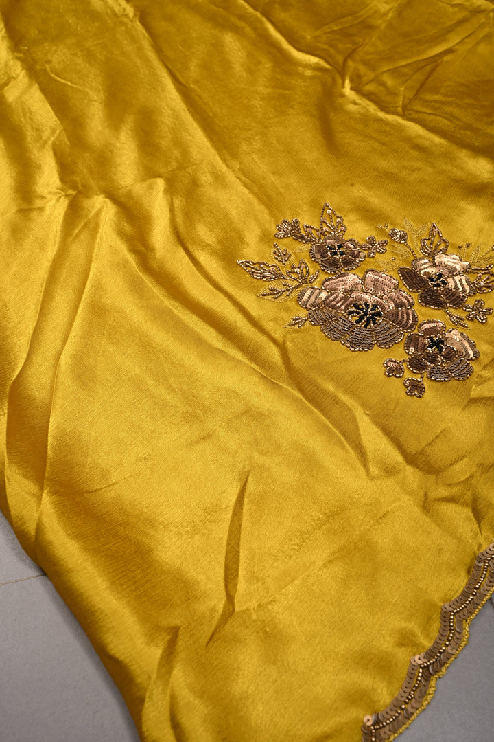 Moss Yellow Satin Georgette Saree with Antique Matte Finish Cutdana, Sequins and Moti Embellishment and Scallop Border | SHOBITAM