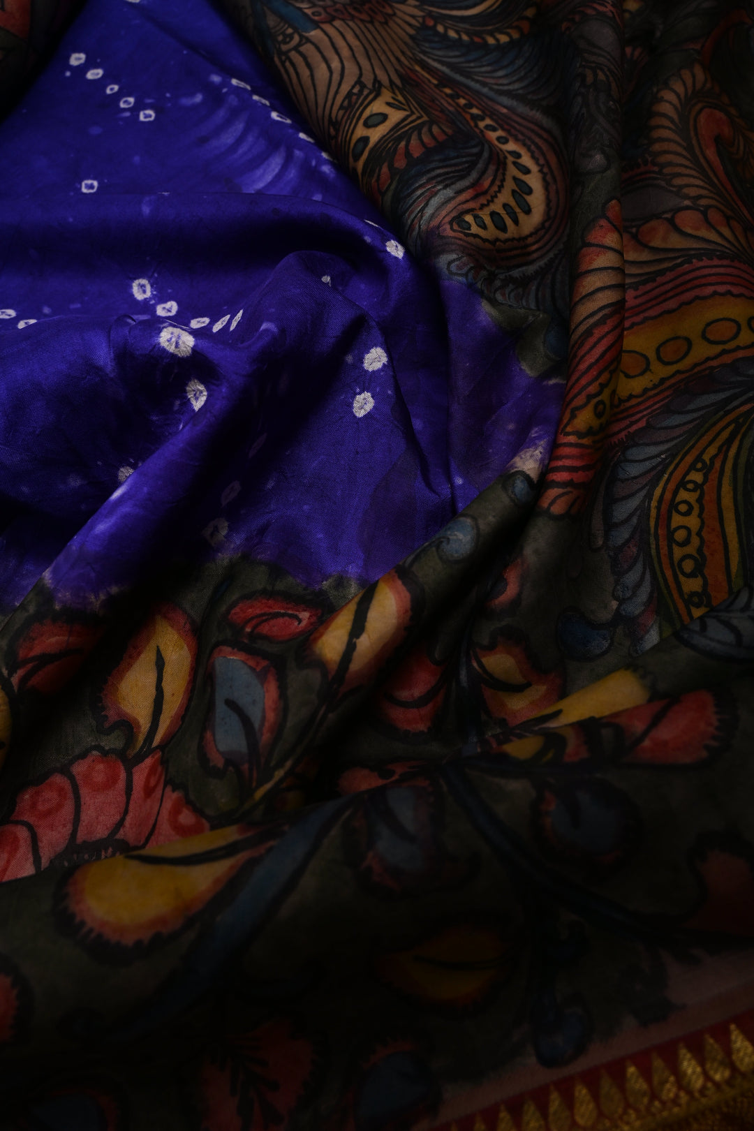 Purple Bandhni Design on Pure Kanjivaram Silk Jugalbandi Saree with Pen Kalamkari Panel and Contrast Wide Kanchi Zari Border | SILK MARK CERTIFIED | SHOBITAM