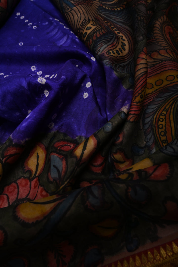 Purple Bandhni Design on Pure Kanjivaram Silk Jugalbandi Saree with Pen Kalamkari Panel and Contrast Wide Kanchi Zari Border | SILK MARK CERTIFIED | SHOBITAM