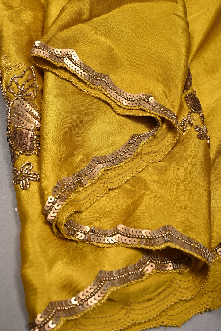Moss Yellow Satin Georgette Saree with Antique Matte Finish Cutdana, Sequins and Moti Embellishment and Scallop Border | SHOBITAM