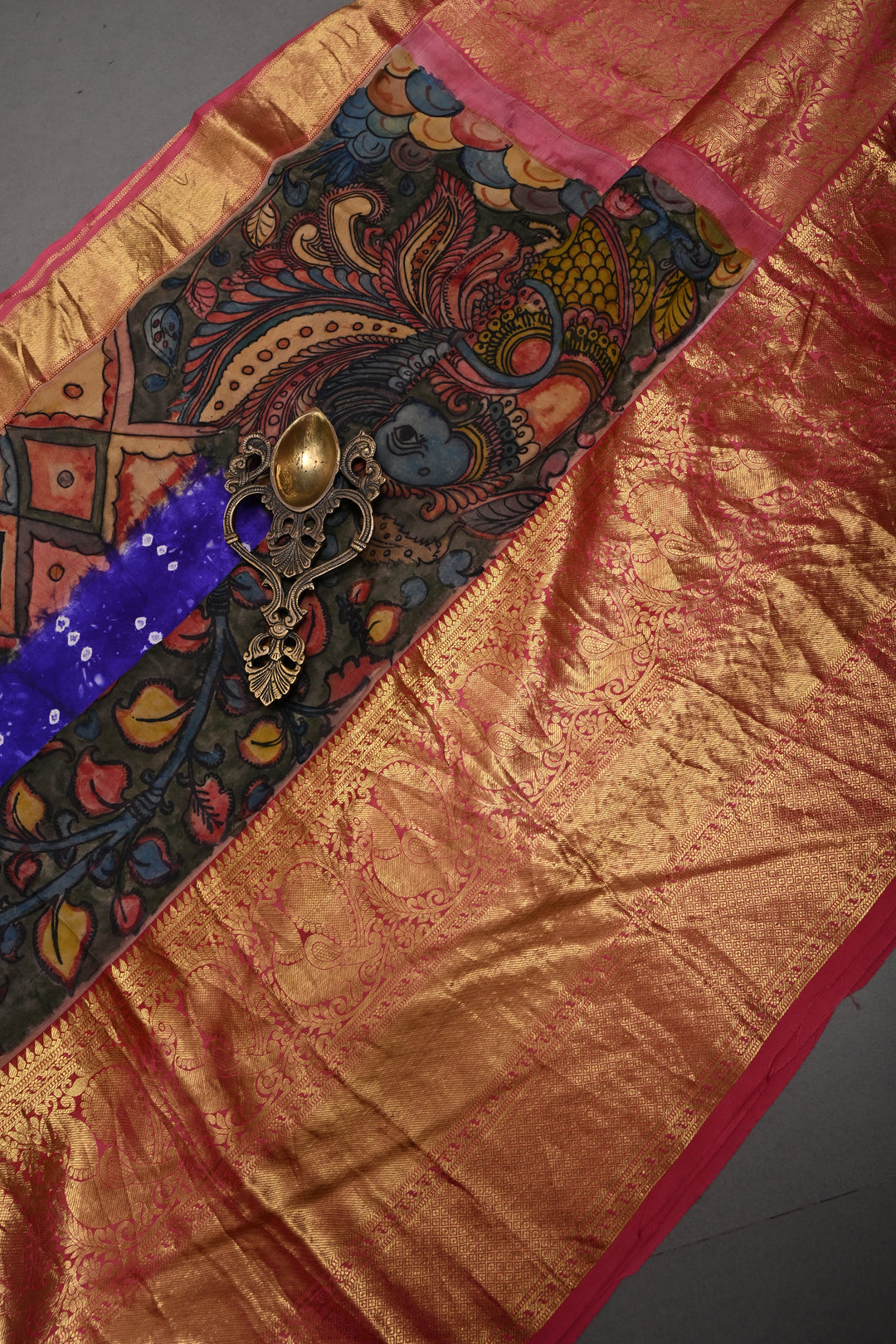 Purple Bandhni Design on Pure Kanjivaram Silk Jugalbandi Saree with Pen Kalamkari Panel and Contrast Wide Kanchi Zari Border | SILK MARK CERTIFIED | SHOBITAM