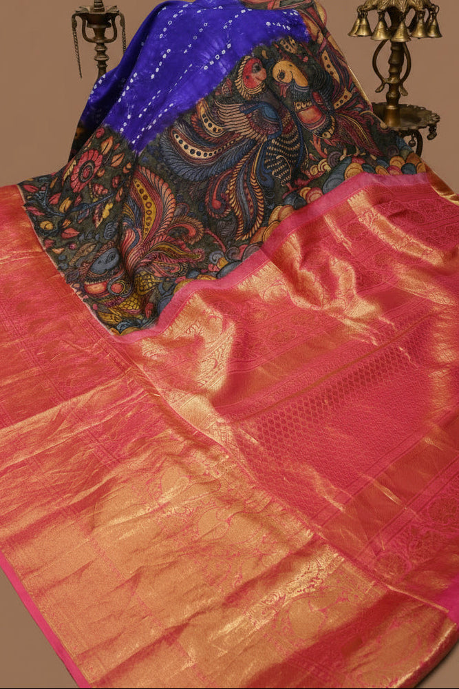 Purple Bandhni Design on Pure Kanjivaram Silk Jugalbandi Saree with Pen Kalamkari Panel and Contrast Wide Kanchi Zari Border | SILK MARK CERTIFIED | SHOBITAM