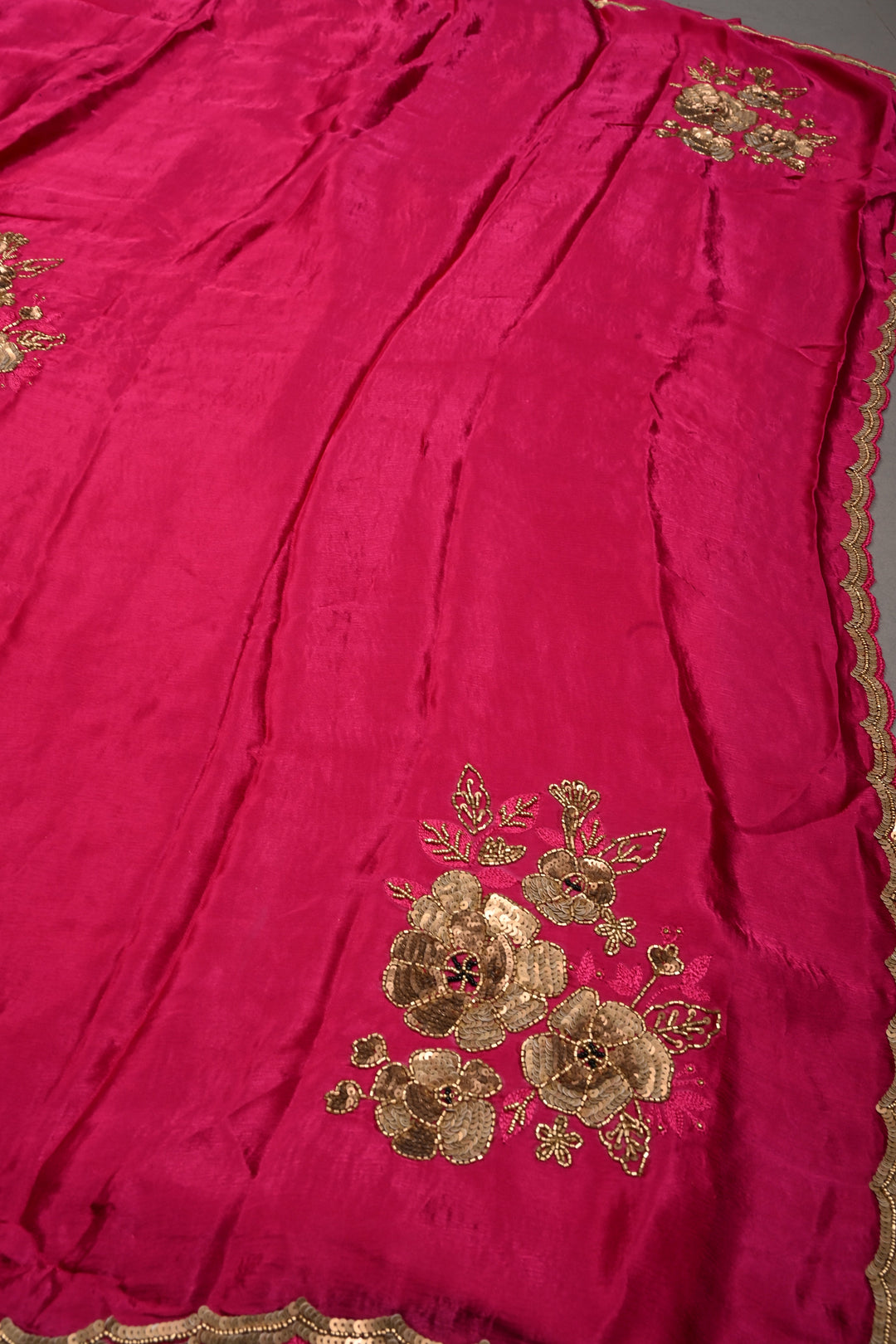 Hot Pink Satin Georgette Saree with Antique Matte Finish Cutdana, Sequins and Moti Embellishment and Scallop Border | SHOBITAM