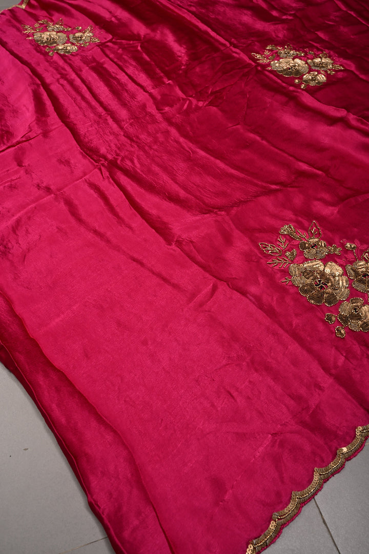 Hot Pink Satin Georgette Saree with Antique Matte Finish Cutdana, Sequins and Moti Embellishment and Scallop Border | SHOBITAM