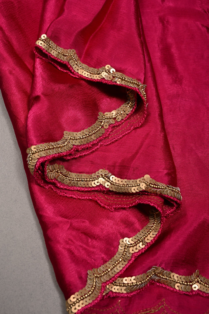 Hot Pink Satin Georgette Saree with Antique Matte Finish Cutdana, Sequins and Moti Embellishment and Scallop Border | SHOBITAM