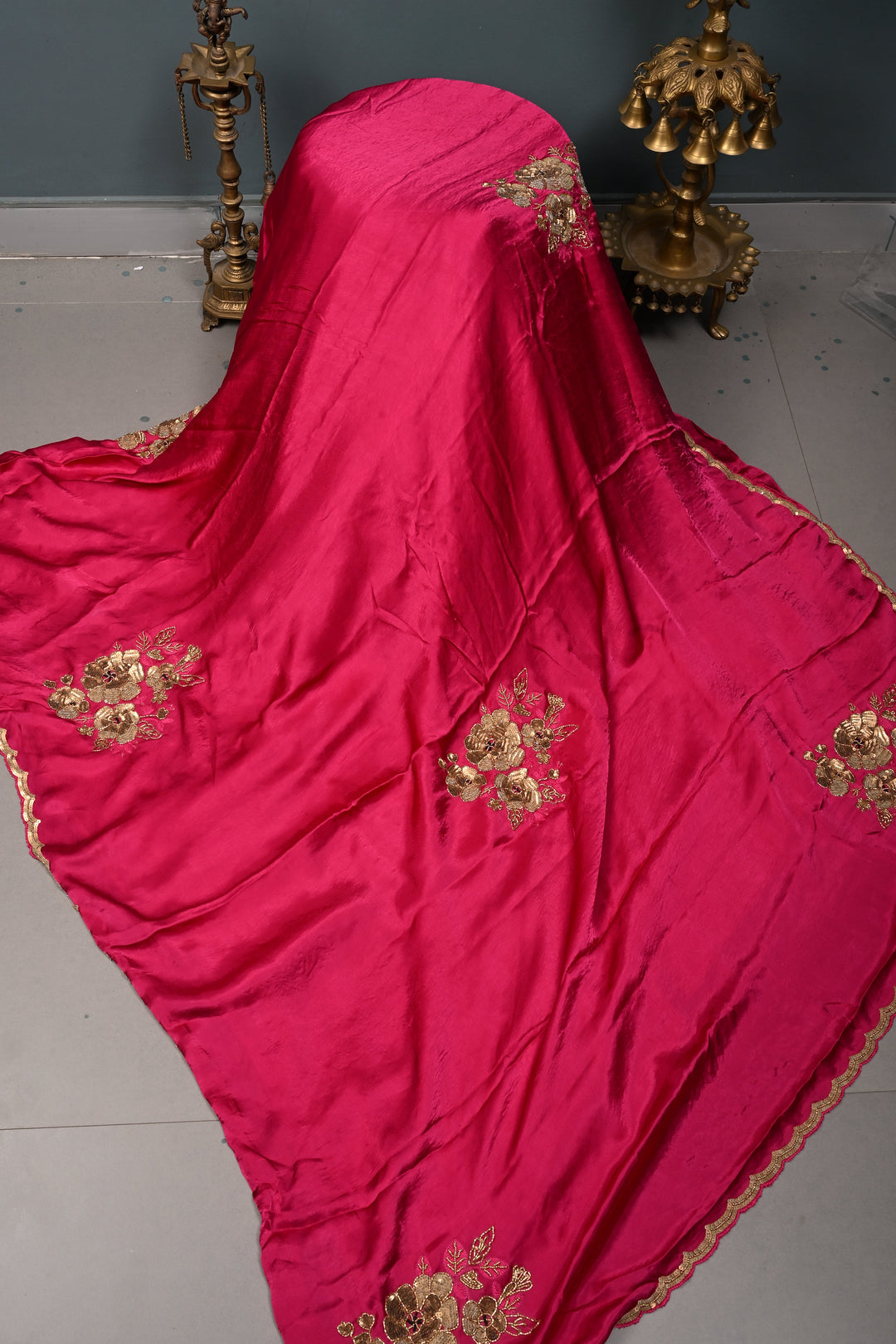 Hot Pink Satin Georgette Saree with Antique Matte Finish Cutdana, Sequins and Moti Embellishment and Scallop Border | SHOBITAM