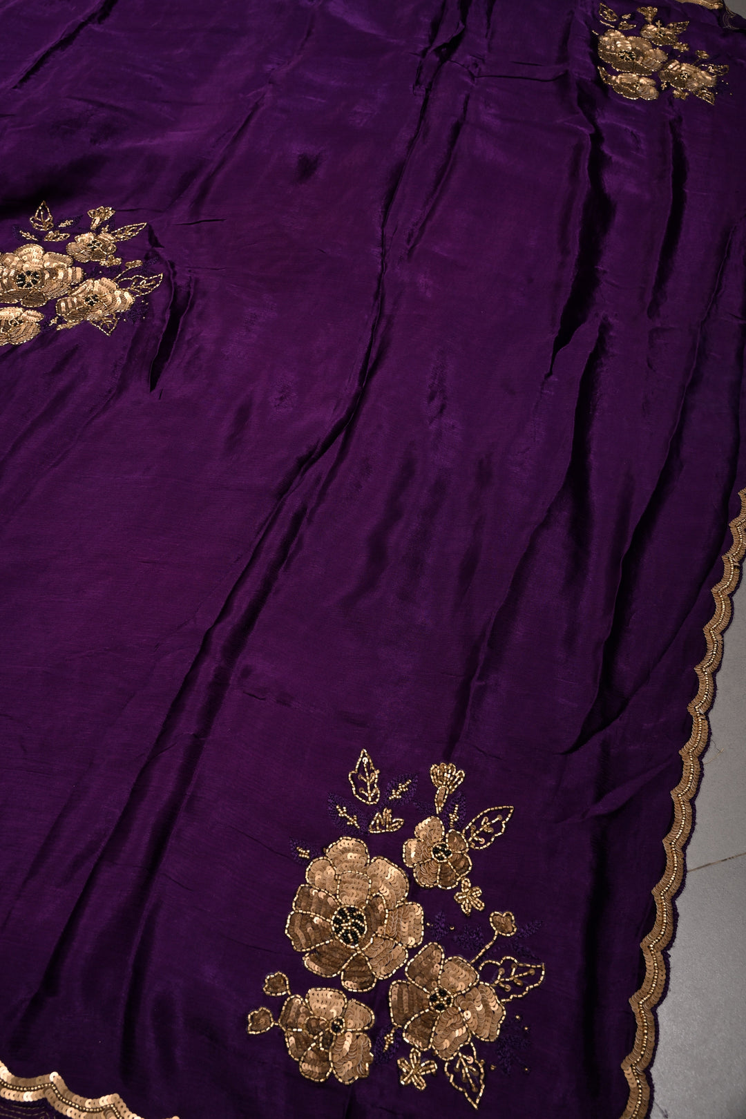 Purple Satin Georgette Saree with Antique Matte Finish Cutdana, Sequins and Moti Embellishment and Scallop Border