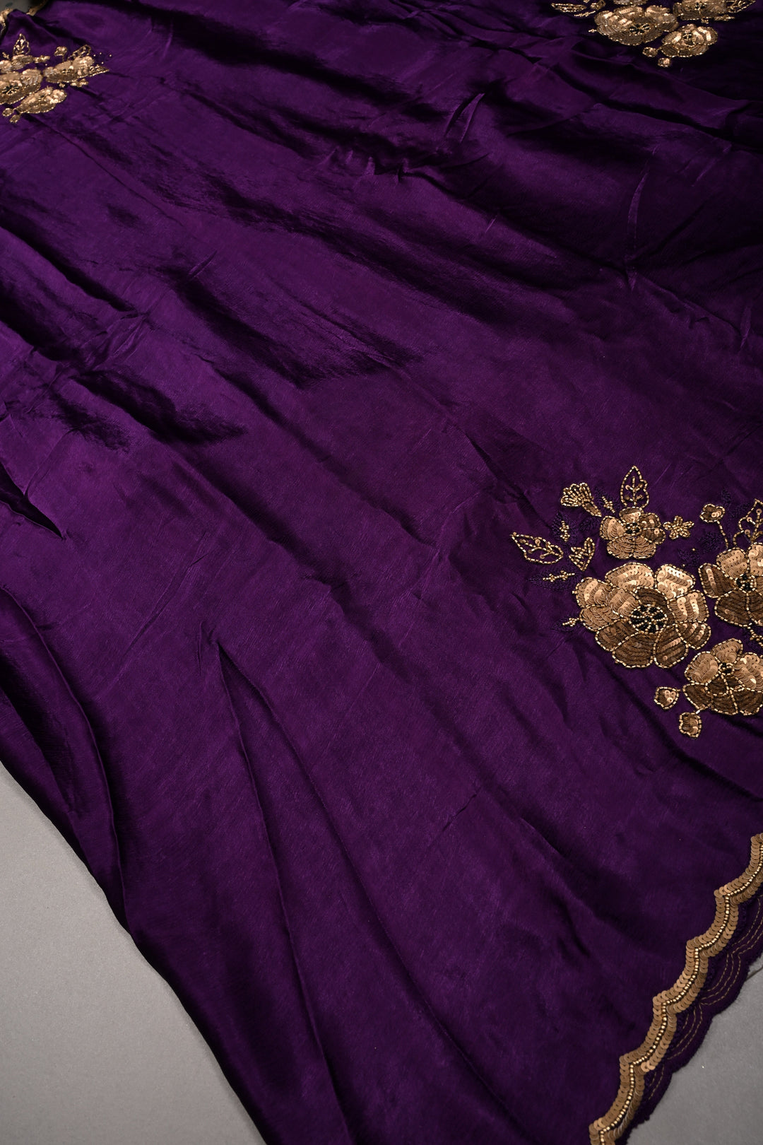 Purple Satin Georgette Saree with Antique Matte Finish Cutdana, Sequins and Moti Embellishment and Scallop Border