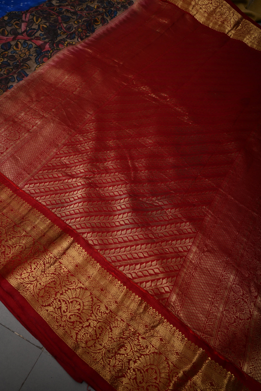 Sapphire Blue Bandhni Design on Pure Kanjivaram Silk Saree with Kalamkari Handpainted Panel and Fushion Contrast Zari Border | SILK MARK CERTIFIED | SHOBITAM
