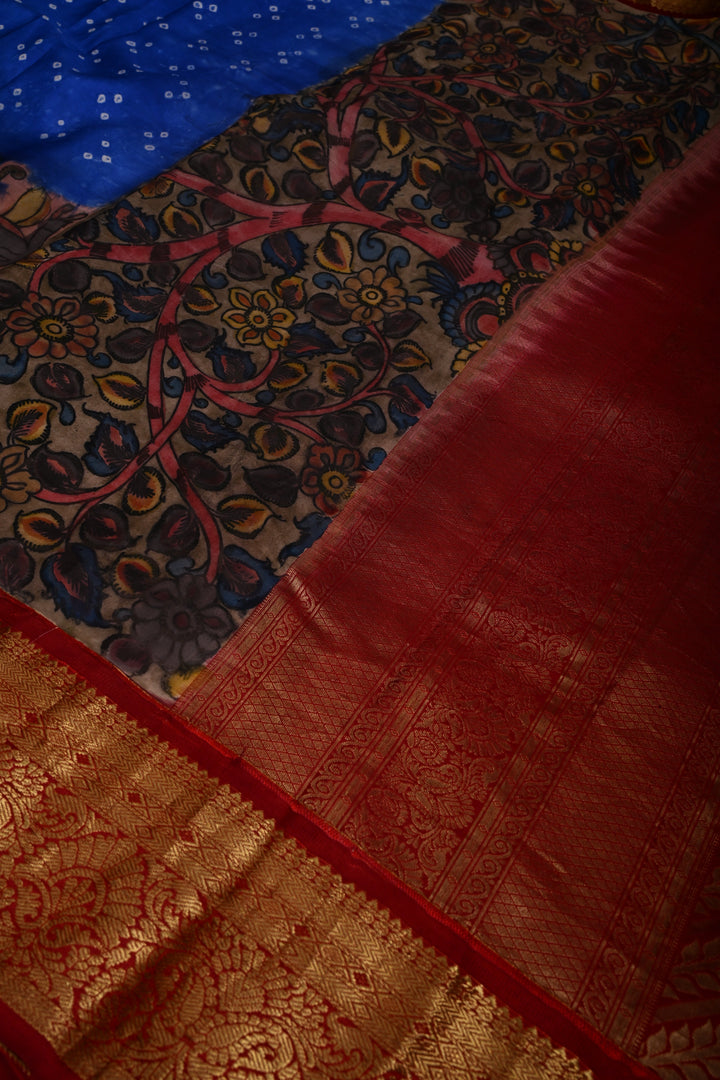 Sapphire Blue Bandhni Design on Pure Kanjivaram Silk Saree with Kalamkari Handpainted Panel and Fushion Contrast Zari Border | SILK MARK CERTIFIED | SHOBITAM