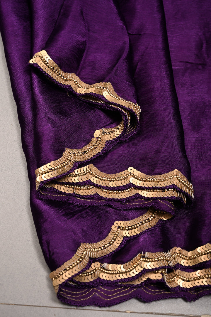 Purple Satin Georgette Saree with Antique Matte Finish Cutdana, Sequins and Moti Embellishment and Scallop Border