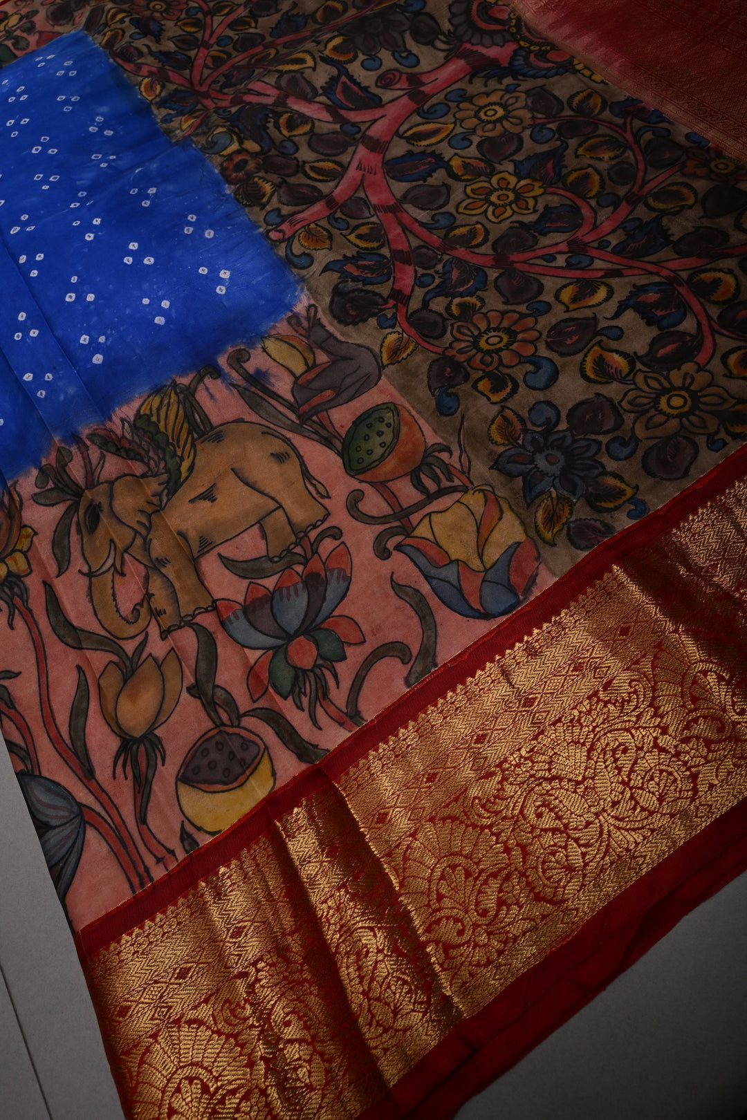Sapphire Blue Bandhni Design on Pure Kanjivaram Silk Saree with Kalamkari Handpainted Panel and Fushion Contrast Zari Border | SILK MARK CERTIFIED | SHOBITAM
