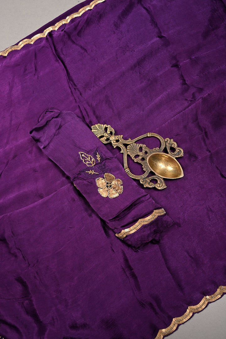 Purple Satin Georgette Saree with Antique Matte Finish Cutdana, Sequins and Moti Embellishment and Scallop Border