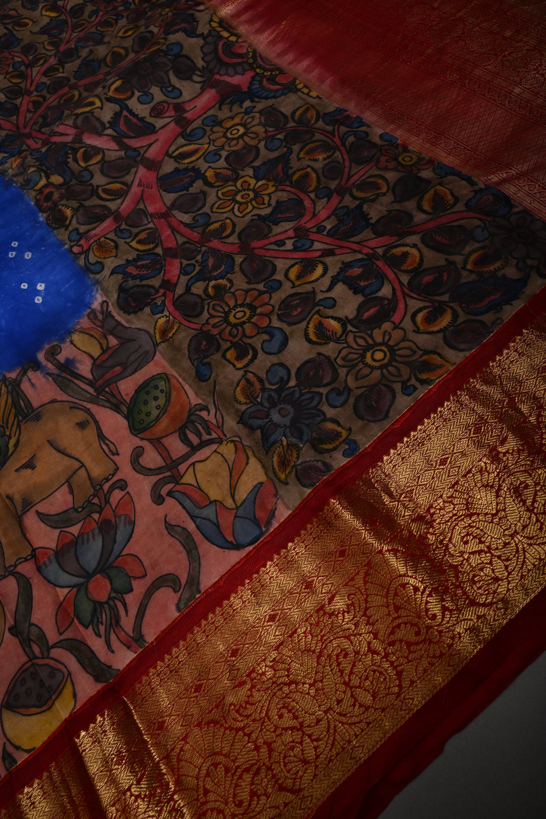 Sapphire Blue Bandhni Design on Pure Kanjivaram Silk Saree with Kalamkari Handpainted Panel and Fushion Contrast Zari Border | SILK MARK CERTIFIED | SHOBITAM