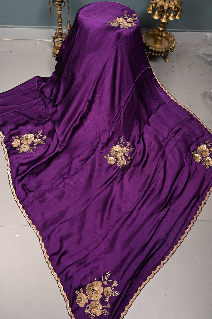 Purple Satin Georgette Saree with Antique Matte Finish Cutdana, Sequins and Moti Embellishment and Scallop Border