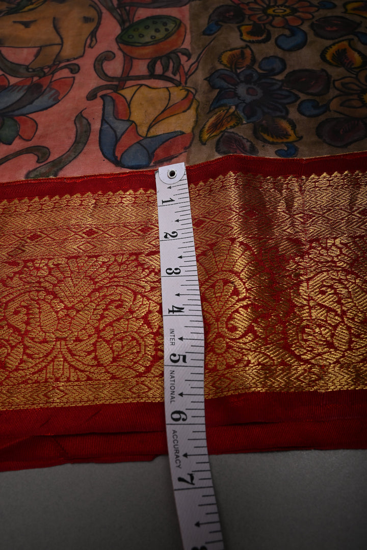 Sapphire Blue Bandhni Design on Pure Kanjivaram Silk Saree with Kalamkari Handpainted Panel and Fushion Contrast Zari Border | SILK MARK CERTIFIED | SHOBITAM