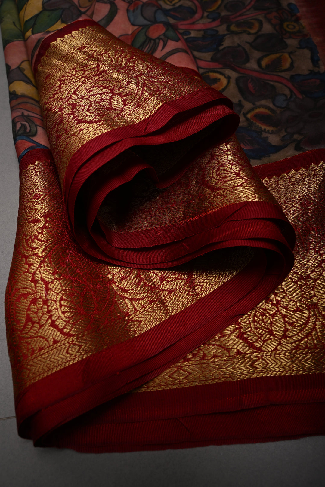 Sapphire Blue Bandhni Design on Pure Kanjivaram Silk Saree with Kalamkari Handpainted Panel and Fushion Contrast Zari Border | SILK MARK CERTIFIED | SHOBITAM