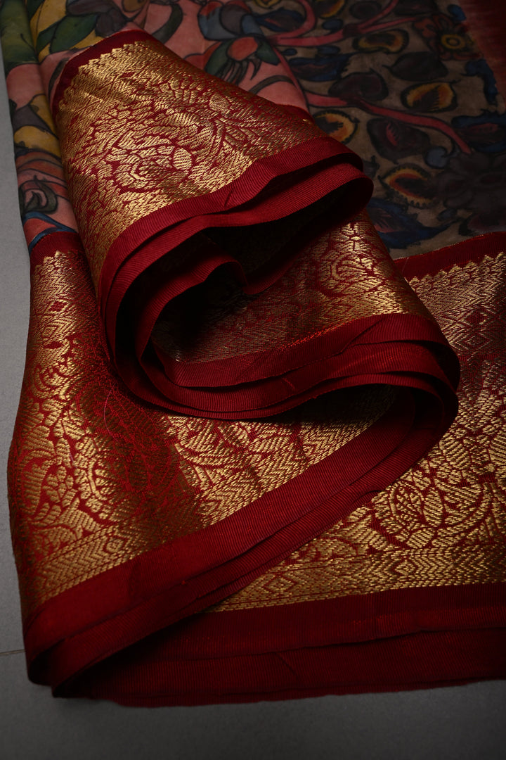 Sapphire Blue Bandhni Design on Pure Kanjivaram Silk Saree with Kalamkari Handpainted Panel and Fushion Contrast Zari Border | SILK MARK CERTIFIED | SHOBITAM