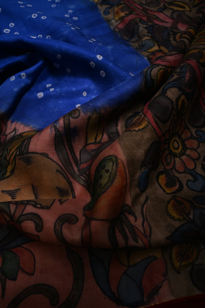 Sapphire Blue Bandhni Design on Pure Kanjivaram Silk Saree with Kalamkari Handpainted Panel and Fushion Contrast Zari Border | SILK MARK CERTIFIED | SHOBITAM