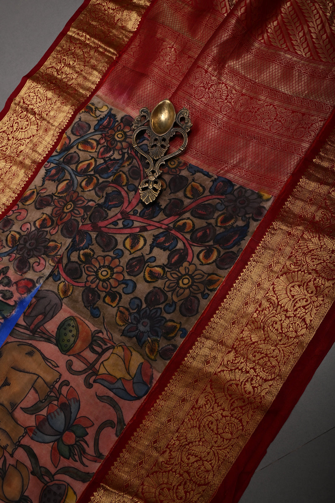 Sapphire Blue Bandhni Design on Pure Kanjivaram Silk Saree with Kalamkari Handpainted Panel and Fushion Contrast Zari Border | SILK MARK CERTIFIED | SHOBITAM