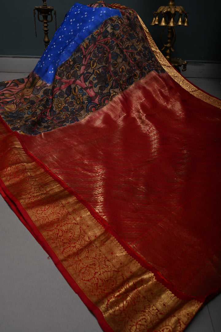 Sapphire Blue Bandhni Design on Pure Kanjivaram Silk Saree with Kalamkari Handpainted Panel and Fushion Contrast Zari Border | SILK MARK CERTIFIED | SHOBITAM