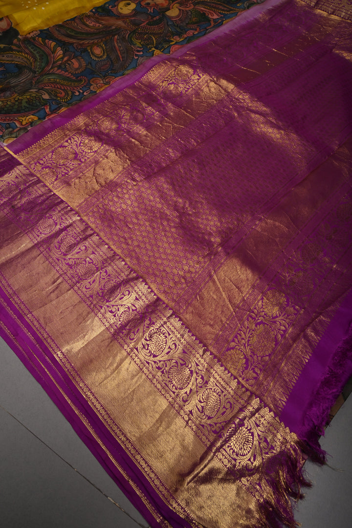 Moss Yellow Bandhni Design on Pure Kanjivaram Silk Jugalbandi Saree with Pen Kalamkari Panel and Contrast Zari Border | SILK MARK CERTIFIED | SHOBITAM