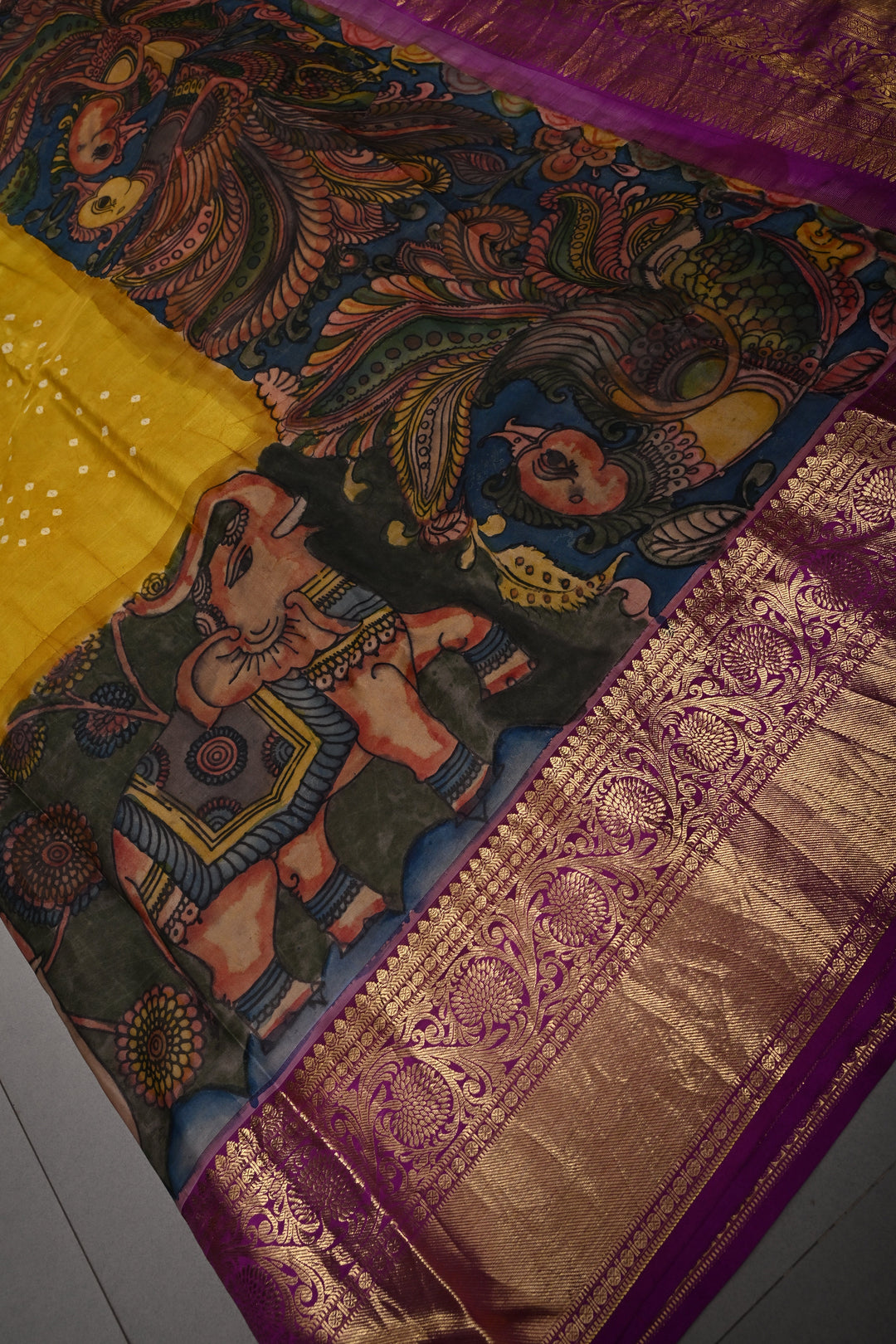 Moss Yellow Bandhni Design on Pure Kanjivaram Silk Jugalbandi Saree with Pen Kalamkari Panel and Contrast Zari Border | SILK MARK CERTIFIED | SHOBITAM