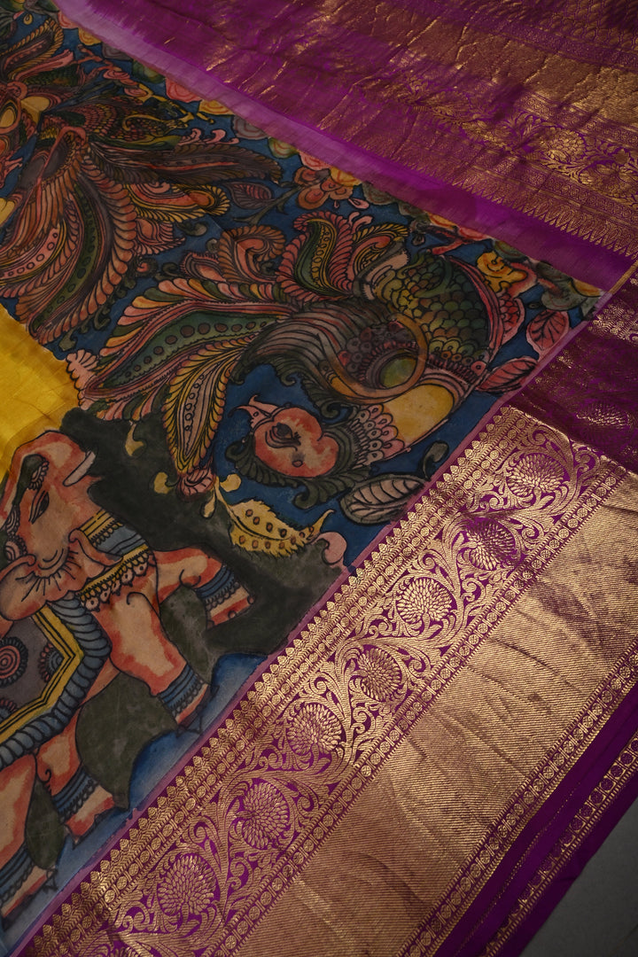Moss Yellow Bandhni Design on Pure Kanjivaram Silk Jugalbandi Saree with Pen Kalamkari Panel and Contrast Zari Border | SILK MARK CERTIFIED | SHOBITAM