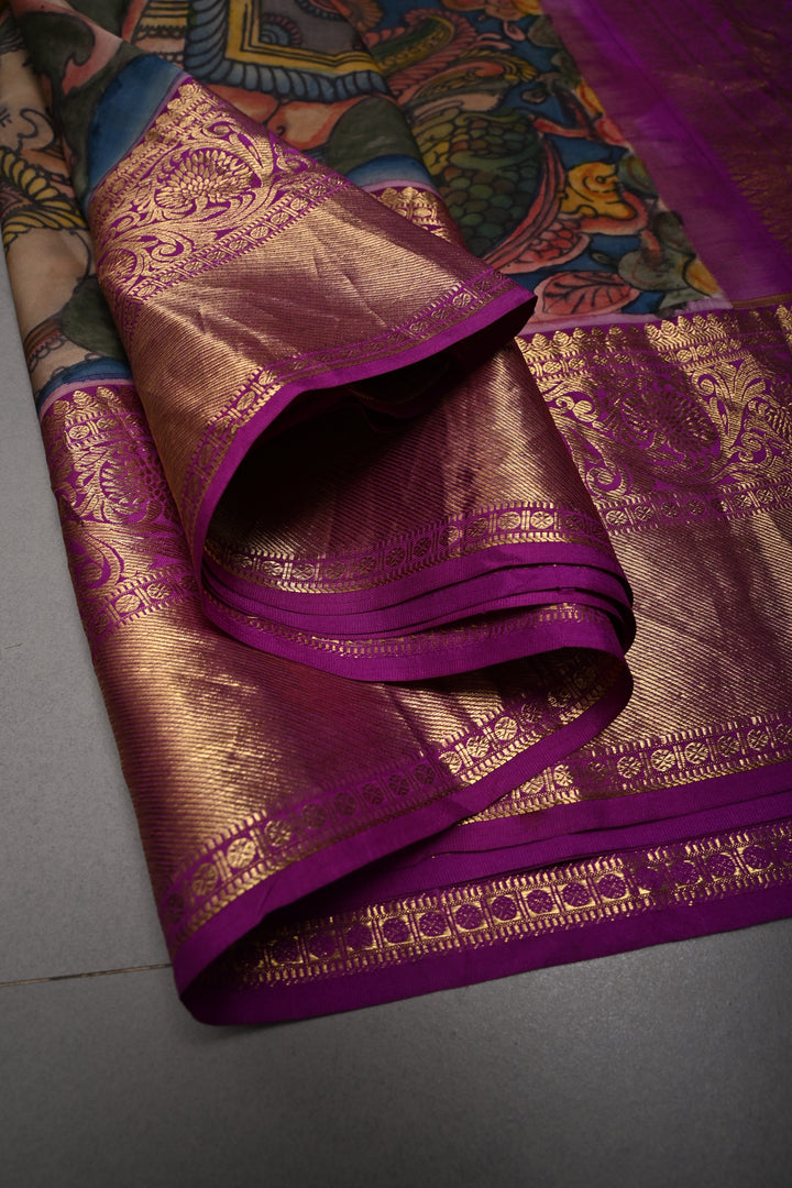 Moss Yellow Bandhni Design on Pure Kanjivaram Silk Jugalbandi Saree with Pen Kalamkari Panel and Contrast Zari Border | SILK MARK CERTIFIED | SHOBITAM