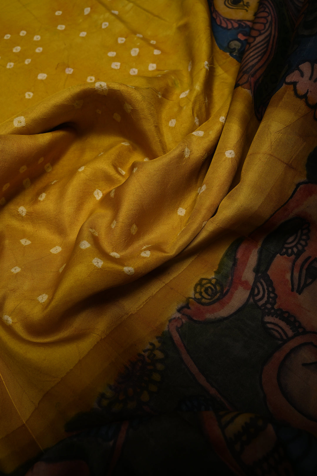 Moss Yellow Bandhni Design on Pure Kanjivaram Silk Jugalbandi Saree with Pen Kalamkari Panel and Contrast Zari Border | SILK MARK CERTIFIED | SHOBITAM