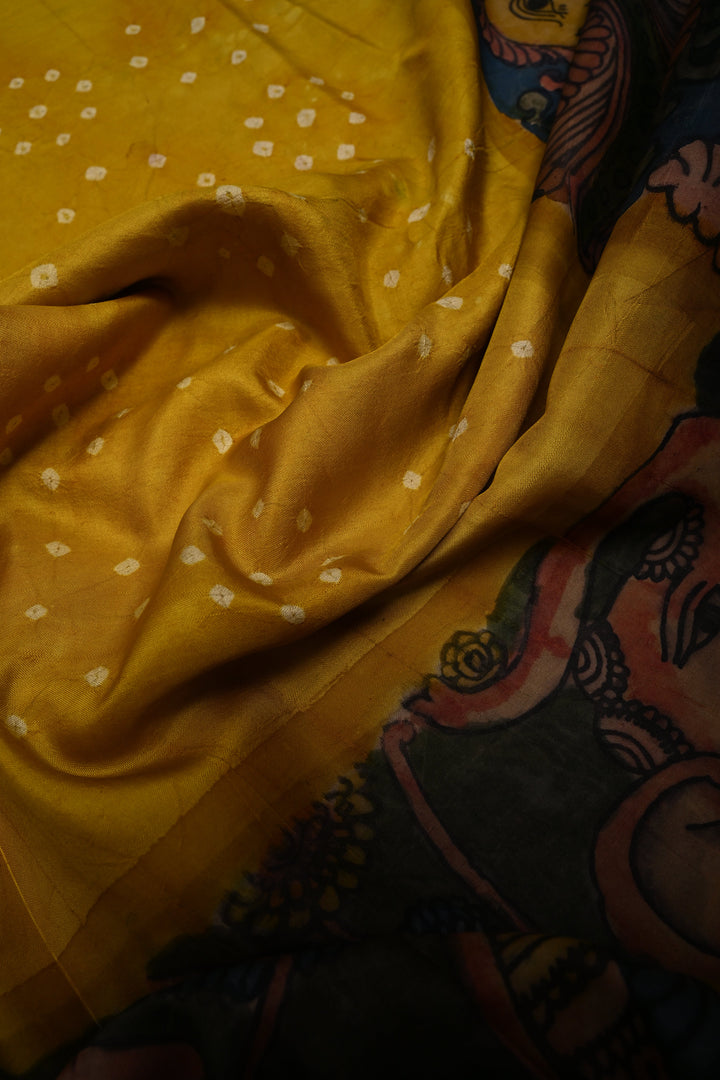 Moss Yellow Bandhni Design on Pure Kanjivaram Silk Jugalbandi Saree with Pen Kalamkari Panel and Contrast Zari Border | SILK MARK CERTIFIED | SHOBITAM