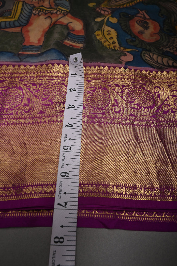 Moss Yellow Bandhni Design on Pure Kanjivaram Silk Jugalbandi Saree with Pen Kalamkari Panel and Contrast Zari Border | SILK MARK CERTIFIED | SHOBITAM