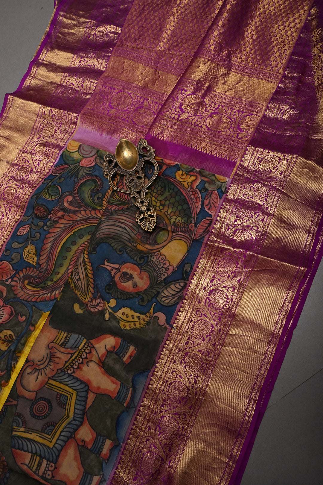 Moss Yellow Bandhni Design on Pure Kanjivaram Silk Jugalbandi Saree with Pen Kalamkari Panel and Contrast Zari Border | SILK MARK CERTIFIED | SHOBITAM