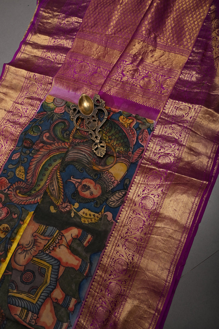 Moss Yellow Bandhni Design on Pure Kanjivaram Silk Jugalbandi Saree with Pen Kalamkari Panel and Contrast Zari Border | SILK MARK CERTIFIED | SHOBITAM