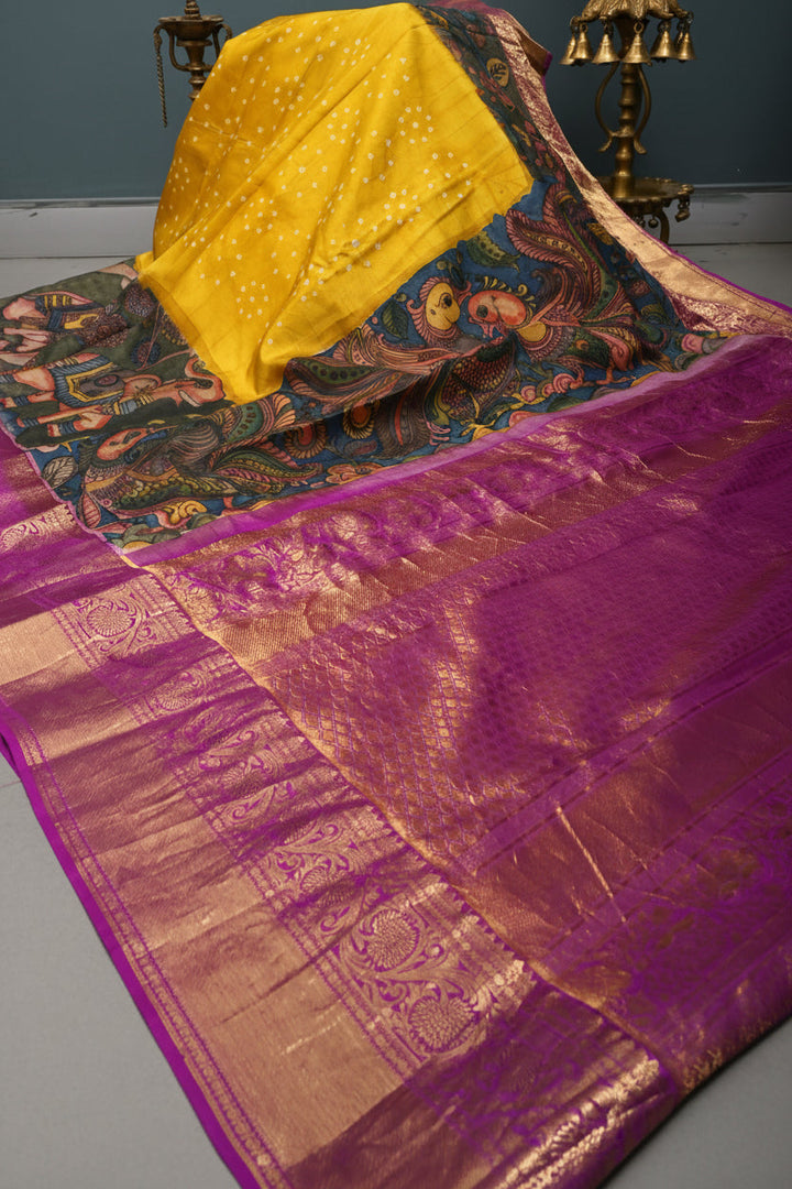 Moss Yellow Bandhni Design on Pure Kanjivaram Silk Jugalbandi Saree with Pen Kalamkari Panel and Contrast Zari Border | SILK MARK CERTIFIED | SHOBITAM