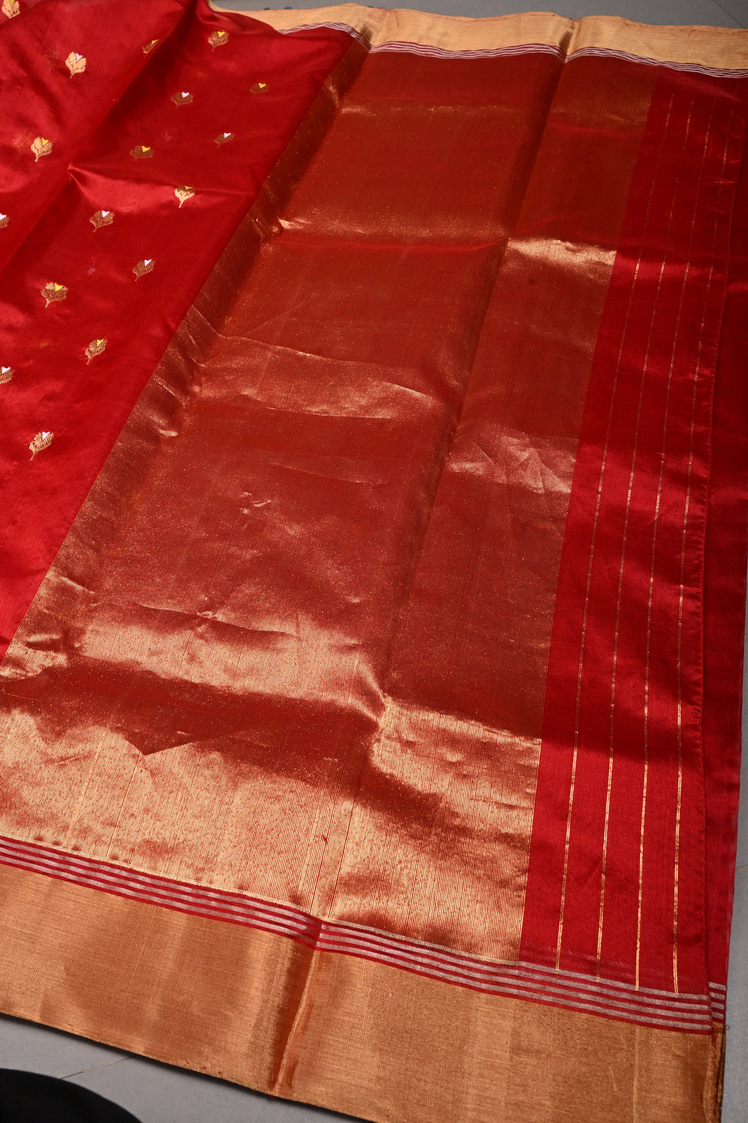 Blood Red Chanderi Silk Saree with Meenakari  Floral Zari Buttas and Tissue Zari Border | SHOBITAM
