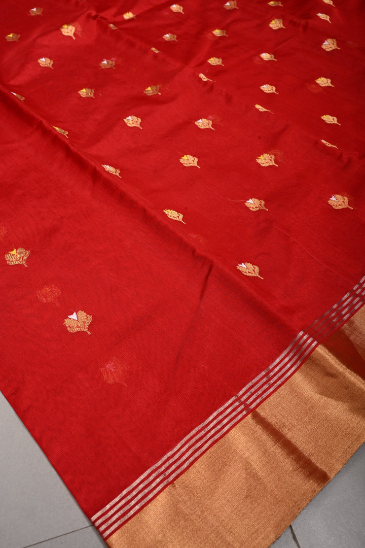 Blood Red Chanderi Silk Saree with Meenakari  Floral Zari Buttas and Tissue Zari Border | SHOBITAM