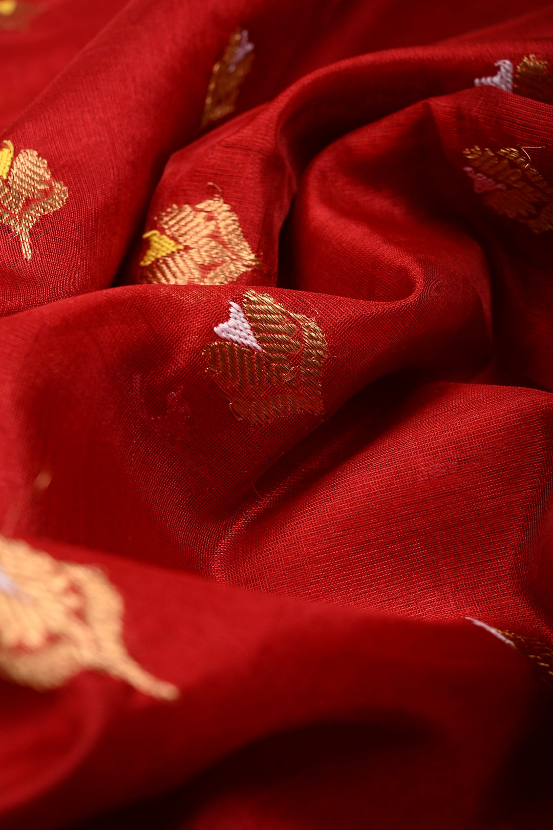 Blood Red Chanderi Silk Saree with Meenakari  Floral Zari Buttas and Tissue Zari Border | SHOBITAM