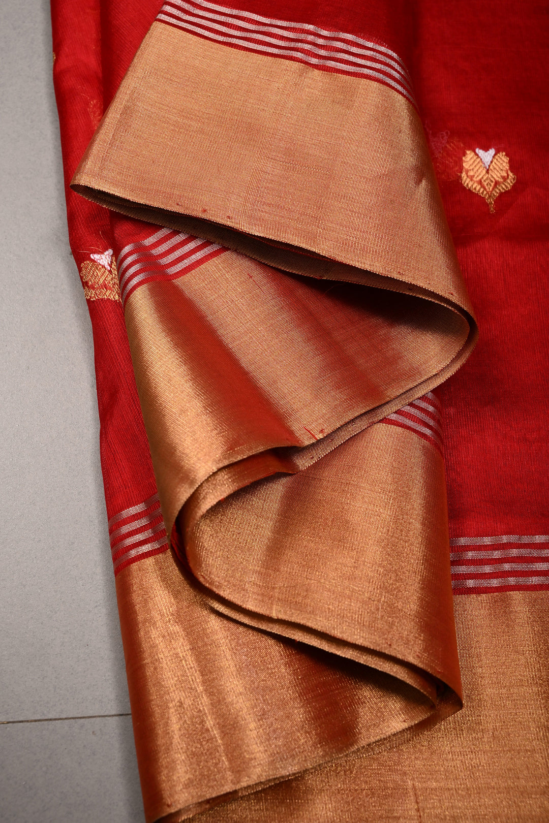 Blood Red Chanderi Silk Saree with Meenakari  Floral Zari Buttas and Tissue Zari Border | SHOBITAM