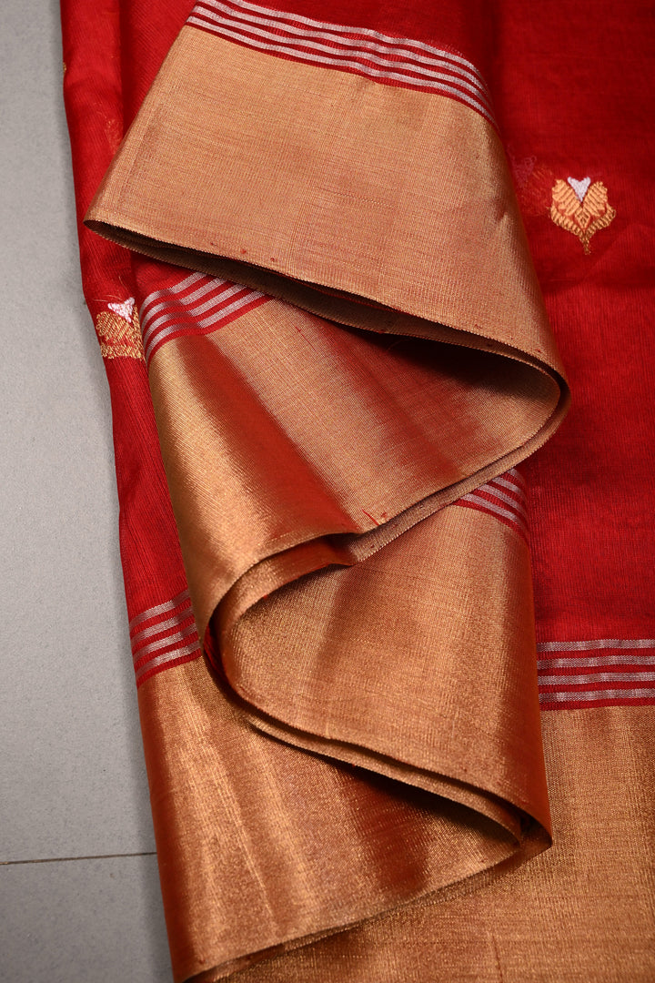 Blood Red Chanderi Silk Saree with Meenakari  Floral Zari Buttas and Tissue Zari Border | SHOBITAM