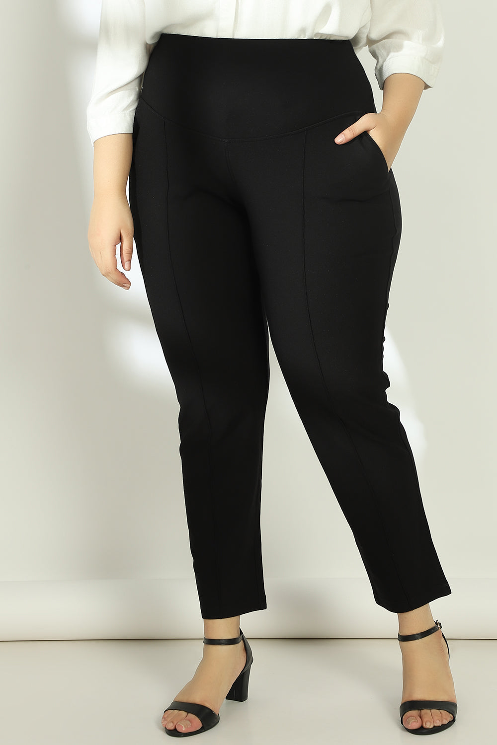 Plus Size Black Tummy Shaper Straight Fit Pants | Made to Order