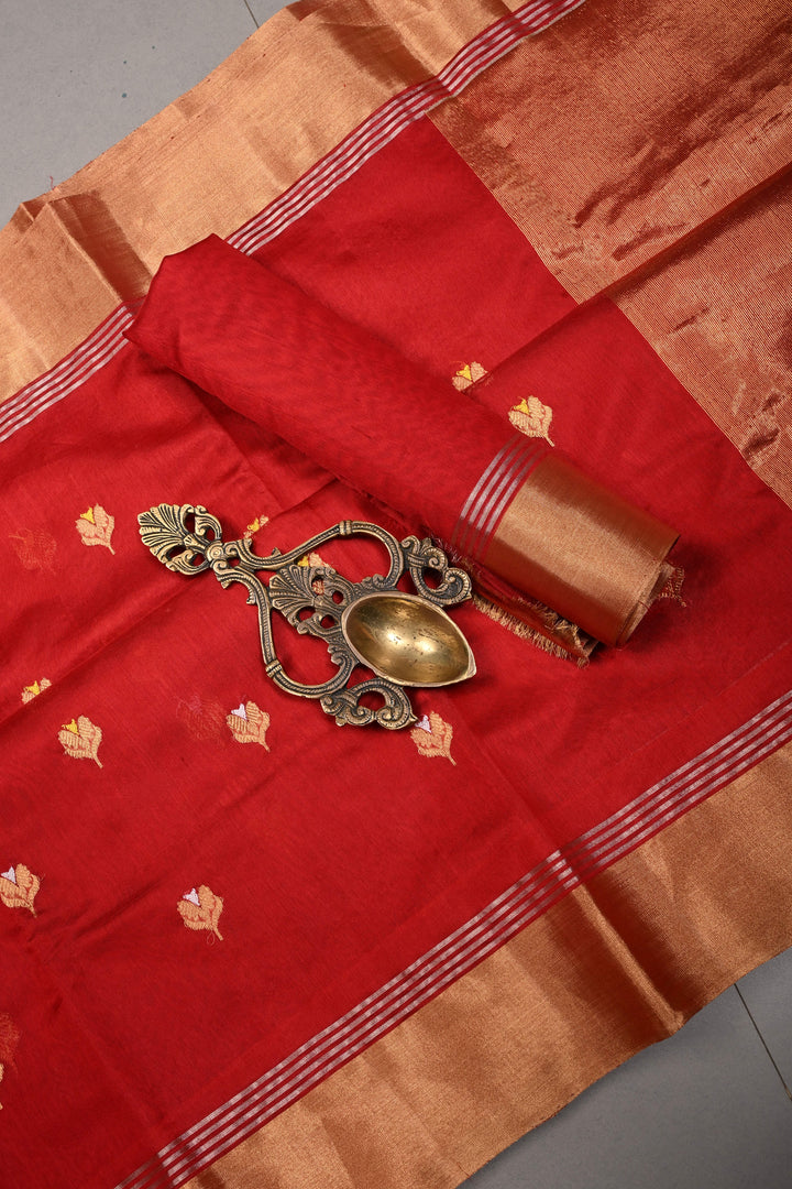 Blood Red Chanderi Silk Saree with Meenakari  Floral Zari Buttas and Tissue Zari Border | SHOBITAM