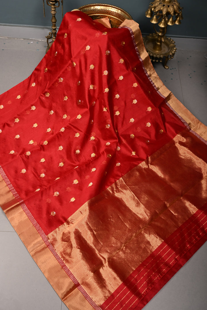 Blood Red Chanderi Silk Saree with Meenakari  Floral Zari Buttas and Tissue Zari Border | SHOBITAM