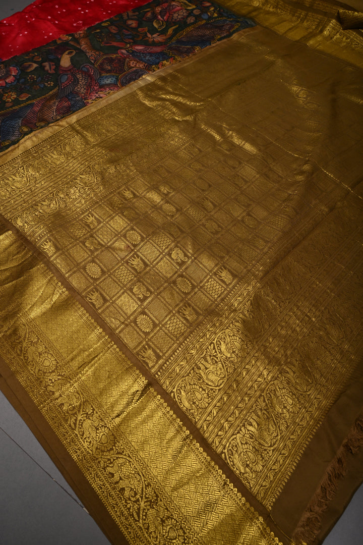 Red Bandhni Design on Pure Kanjivaram Silk Jugalbandi Saree with Pen Kalamkari Panel and Contrast Zari Border | SILK MARK CERTIFIED | SHOBITAM