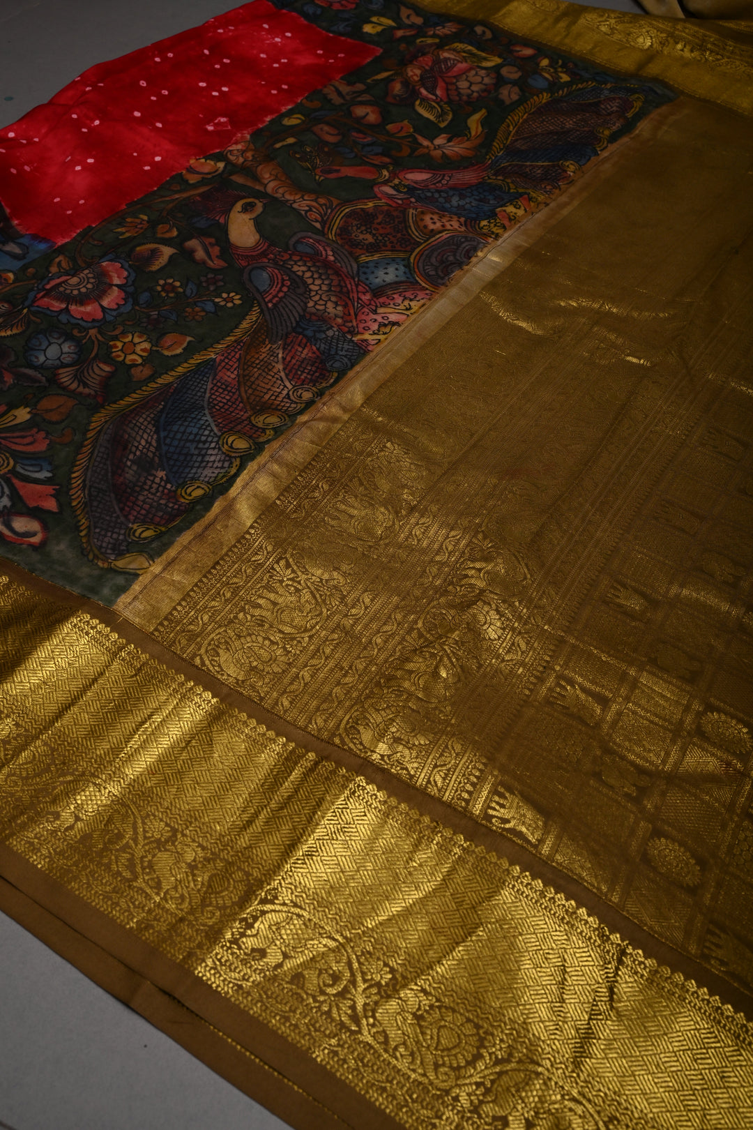 Red Bandhni Design on Pure Kanjivaram Silk Jugalbandi Saree with Pen Kalamkari Panel and Contrast Zari Border | SILK MARK CERTIFIED | SHOBITAM