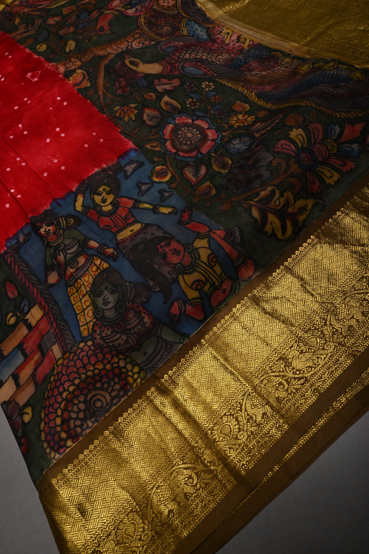 Red Bandhni Design on Pure Kanjivaram Silk Jugalbandi Saree with Pen Kalamkari Panel and Contrast Zari Border | SILK MARK CERTIFIED | SHOBITAM