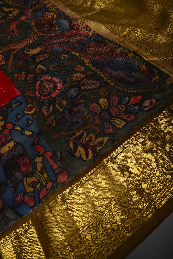 Red Bandhni Design on Pure Kanjivaram Silk Jugalbandi Saree with Pen Kalamkari Panel and Contrast Zari Border | SILK MARK CERTIFIED | SHOBITAM