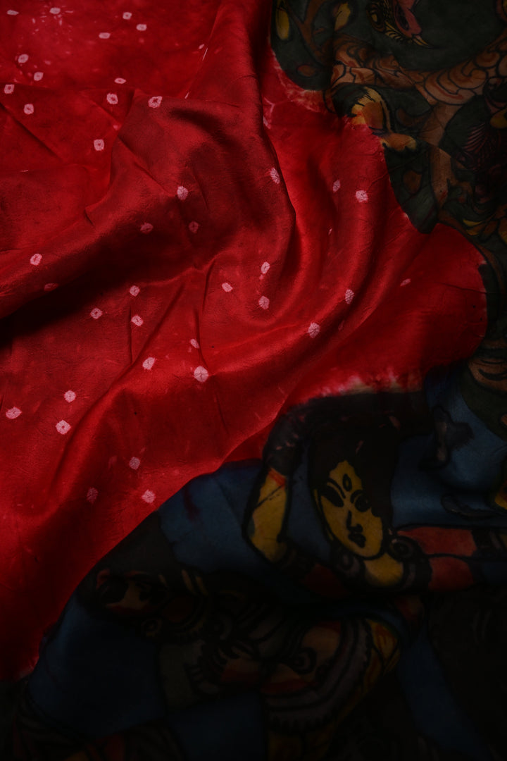 Red Bandhni Design on Pure Kanjivaram Silk Jugalbandi Saree with Pen Kalamkari Panel and Contrast Zari Border | SILK MARK CERTIFIED | SHOBITAM